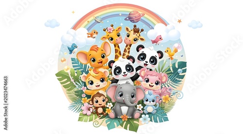 Whimsical Baby Animals in Colorful Jungle Vignette