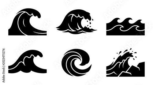 Photos Set of 6 Black and White Vector Wave Icons, Ocean Swell and Sea Splash Graphics,