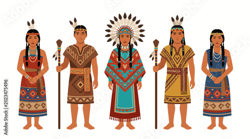 Slika na platnu Group of indigenous people in traditional cultural clothing illustration