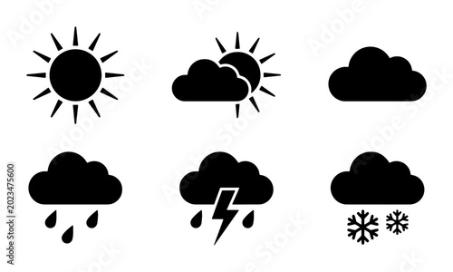 Foto Weather Icons Set: Sun, Clouds, Rain, Thunderstorm, Snow