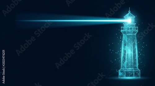 Holographic Cyan Lighthouse Beam on Dark Background With Digital Guidance and Navigation