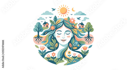 Foto Illustration of Mother Nature with blooming hair and serene expression