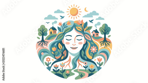 Cuadro en lienzo Illustration of Mother Earth woman with nature elements.