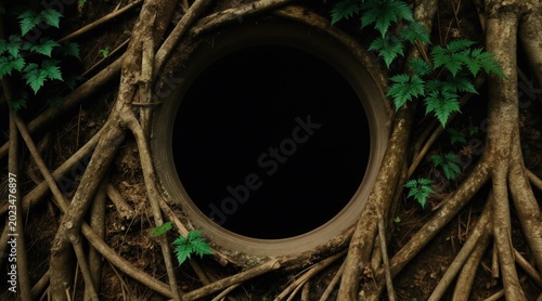 Tangled tree roots create circular opening into dark mysterious void. Green ferns grow on thick woody branches. Natural background texture with organic forms and deep shadows.