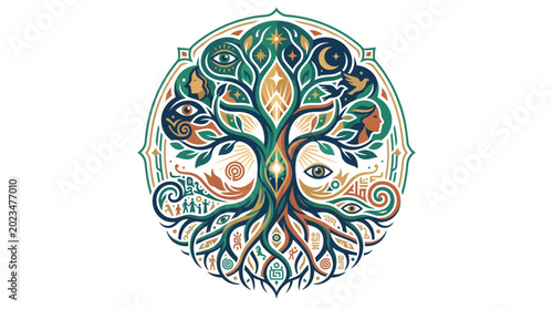 Obraz na plátně Intricate circular tree of life illustration with symbolic spiritual elements