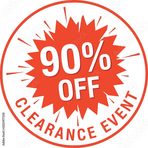 Ninety percent off clearance event circle badge highlights a massive discount for busy shoppers.