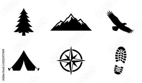 Bild auf Leinwand Outdoor Adventure Icons: Mountain, Tree, Eagle, Tent, Compass, Footprint Vector