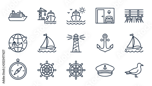 Set of 15 maritime and cruise line icons including cruise ship, port crane, ocean voyage, cabin, deck chairs, globe travel, sailboat, lighthouse, anchor, compass, ship wheel, captain hat, and seagull.