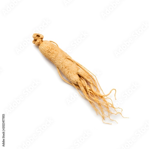 dried ginseng root on pure white seamless background minimalist product photography soft lighting
