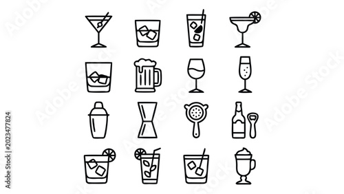 Set of 16 Minimalist Cocktail and Bar Drink Line Icons Featuring Martini, Beer Mug, Wine Glass, Champagne, Shaker, Jigger, and Bottle Opener in a Uniform Stroke Vector Style on White Background.
