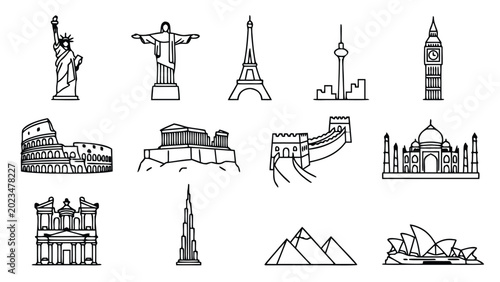 Vector Set of Famous World Landmarks Line Icons Featuring Statue of Liberty, Eiffel Tower, Big Ben, Taj Mahal, Colosseum, Great Wall of China, Pyramids, and Sydney Opera House in Minimalist Style.