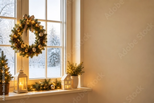 festive christmas window scene with wreath snowy landscape view warm indoor lighting large negative space commercial photography
