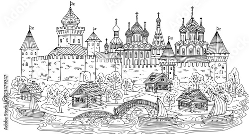 Black and white medieval Russian island castle town vector coloring page with fairy tale doodle illustration