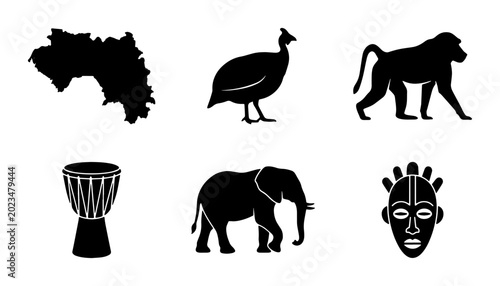 Canvas Print African Icons Collection: Guinea Map, Elephant, Monkey, Guinea Fowl, Drum, Triba