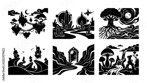 Schilderij op canvas Fantasy Landscape Vector Icons, Mystical World Scenes, Surreal Nature Elements,