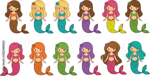 Bild auf Leinwand Cute little mermaid characters vector set with colorful fish tails and long hair