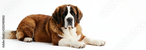 Giant St Bernard dog lies on white studio background. This large, furry canine exhibits calm and gentle demeanor. Its breed is known for its friendly nature and impressive size.
