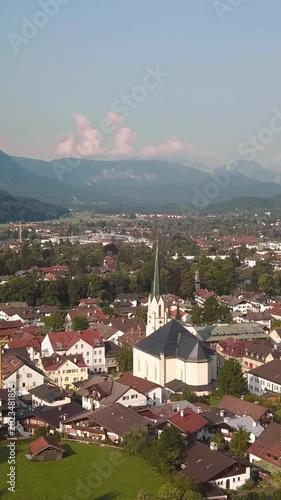 Aerial Cityscape of Garmisch Partenkirchen in Bavaria with Alpine Mountains Background