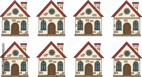Cuadro en lienzo Find two identical brick houses educational puzzle game vector illustration set