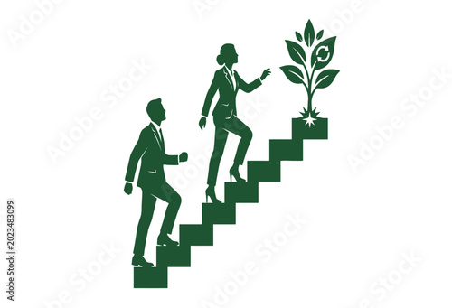 Photos Business professionals ascend stairs towards a growing plant symbolizing success