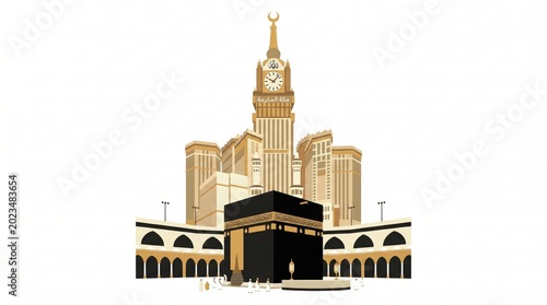 Minimalist Vector Logo Design of Makkah Clock Tower and Kaaba