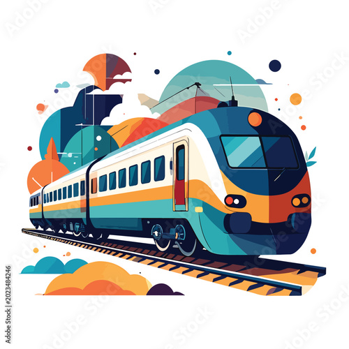 Modern train on railroad tracks moving.