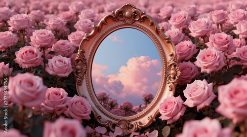Ornate mirror reflects sky in pink rose garden. Dreamy, romantic scene. Pastel pink flowers bloom under soft clouds, creating a fantasy mood.