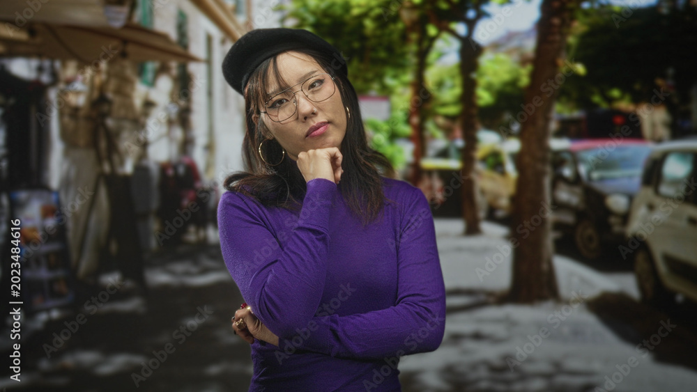 Fototapeta premium Young asian woman wearing beret and glasses, hand on chin in a purple sweater on a city street; thoughtful reflection.