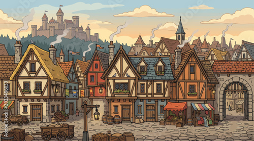 Canvastavla Medieval village vector illustration, old town street with timber framed houses