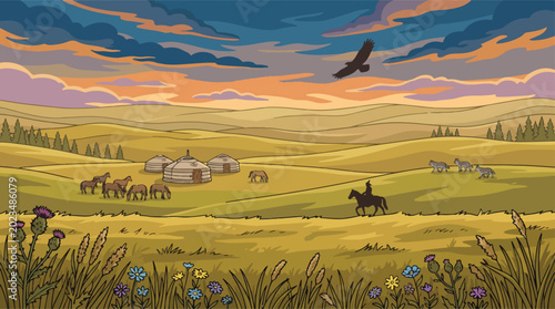 Valokuva Mongolian steppe landscape with traditional yurts and horses, nomadic lifestyle