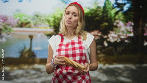 Canvas Print Woman chef in red gingham apron holds baguette with palms presenting, pouting expression in studio; disappointment whimsy