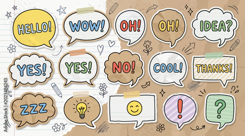 Photos A colorful illustration of various speech bubbles with different expressions and reactions