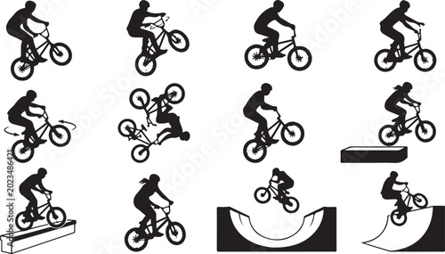 Bild auf Leinwand Set of black silhouettes showing people performing various extreme bmx bike stun