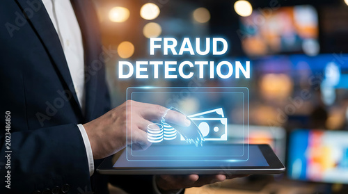 Man using tablet for fraud detection with financial icons.