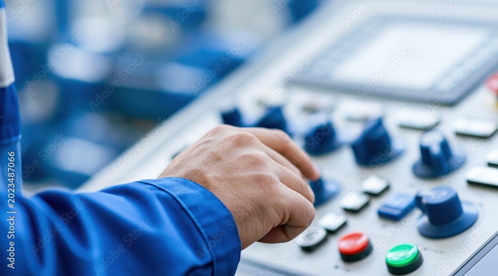 Obraz premium Worker hand operating industrial machine control panel