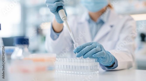Scientist using micropipette to transfer liquid into test tube in laboratory