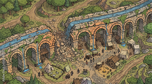 Foto Isometric fantasy map of a broken stone aqueduct, medieval village ruins with ma