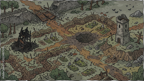 Εκτύπωση καμβά Medieval battlefield landscape with trenches and crater, ruined fantasy war zone