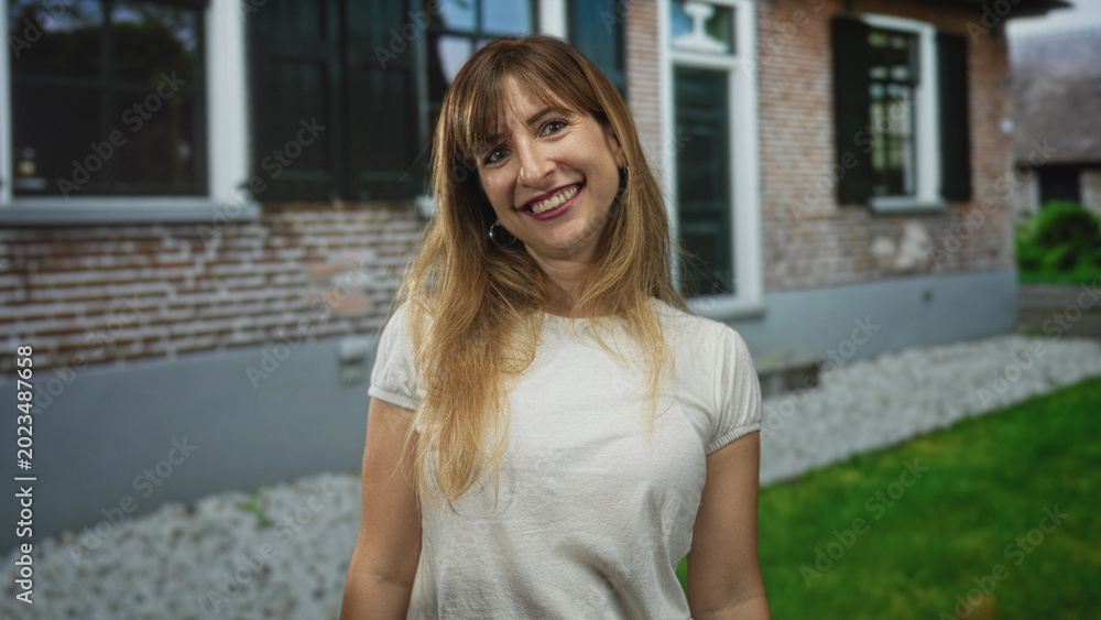 Naklejka premium Woman smiling at camera, face and shoulders visible at a house entrance building with brick wall and green lawn outdoors; joy warmth.