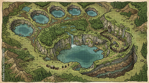 Foto Fantasy world map of a giant paw print lake, hand-drawn tabletop RPG battle map,