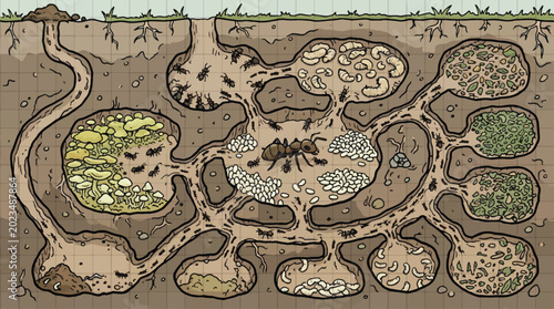 Photos Ant colony cross section illustration, underground anthill with tunnels and cham