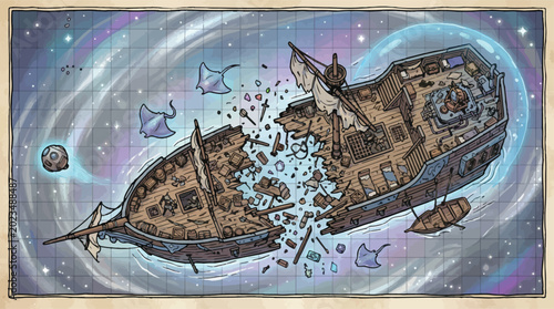 Bilde på lerret Fantasy battle map of a broken shipwreck in space, tabletop RPG astral ship wrec