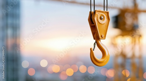Yellow crane hook with pulley system at construction site during sunset