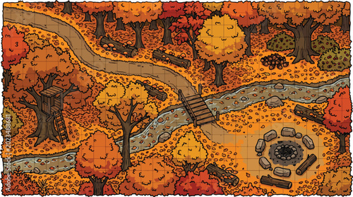 Foto Autumn forest battle map vector, isometric fantasy RPG landscape with river and