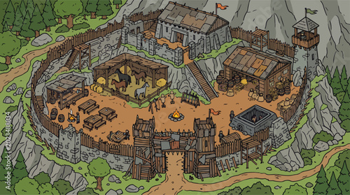 Tableau sur toile Medieval fantasy fortress vector illustration, isometric wooden castle outpost w