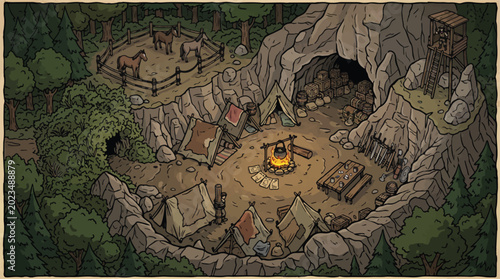 фотографія Medieval fantasy camp vector illustration, hidden bandit hideout in mountain cav