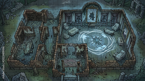 Obraz na płótnie Fantasy RPG battle map of ruined mansion interior, isometric dungeon crawl floor