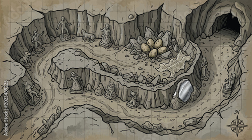 Fotografija Fantasy dungeon map with dragon eggs and stone statues, hand-drawn tabletop RPG