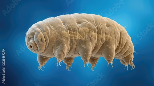 Microscopic Tardigrade Floating in Blue Scientific Background