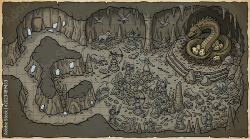 Fotografie Vintage fantasy dungeon map vector, hand-drawn dragon lair illustration, tableto